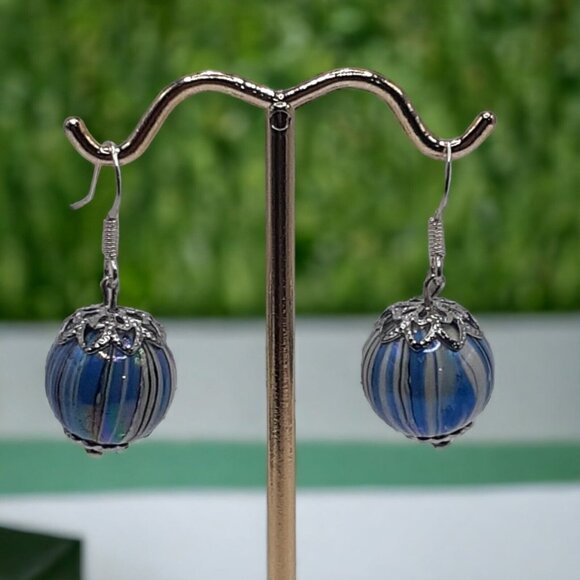 Pierced Earrings Blue Striped Art Glass Bead Dangle Silver Cap Fishhook - Picture 3 of 5
